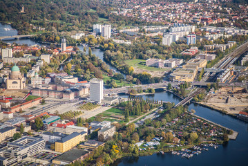 Fototapeta na wymiar Potsdam, Germany, central city with Brandenburg state parliament, St. Nikolaikirche Potsdam, Central Station, river Havel, aerial view during early autumn,