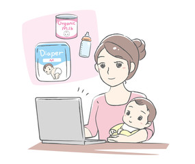 Young mother enjoying online shopping.   Vector illustration.