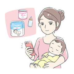 Young mother enjoying online shopping.   Vector illustration.