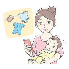 Young mother enjoying online shopping.   Vector illustration.