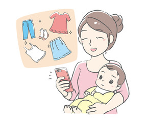 Young mother enjoying online shopping.   Vector illustration.