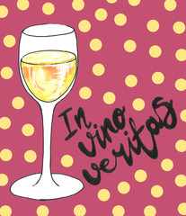 Bright hand drawn watercolor wine design elements (in vino veritas - verity in wine). Cheese, olives, glass, lettering