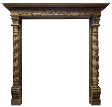 Large Size Oak Wood fireplace portal isolated on white background.