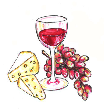 Bright hand drawn watercolor wine design elements (in vino veritas verity in wine). Cheese, olives, grapes glass, lettering