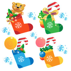 Christmas Socks, Christmas boots with gifts, toys and sweets. Christmas. New year. Decorative set for kids.