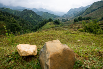 Beautiful shot of Sapa and the surrounding mountains in North Vietnam during a overcast day in Autumn 2019