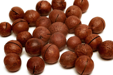 Macadamia nuts on white background, isolated, closeup