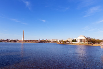 Washington DC panorama around Tidal Basin reservoir during cherry blossom. US capital panorama during peak of cherry trees blossom in spring.