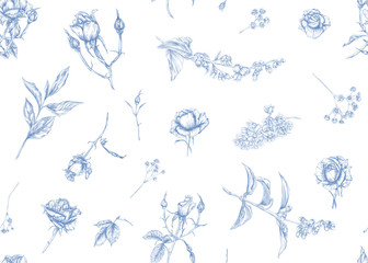 Roses and spring flowers seamless pattern. Graphic drawing, engraving style. Vector illustration.