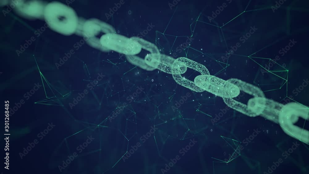 Poster digital chain rotation on blue artistic cyberspace copy space animation background.