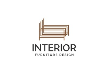 Simple minimalist bed line art furniture interior logo design with flat vector graphics