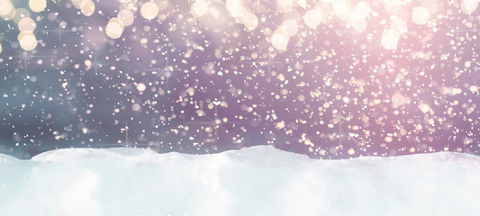 snow winter christmas background with snow, snowflakes and bokeh lights blue snowy light bright sky