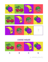 Cute plum, cherry, banana, nut. Logic game for children preschool worksheet activity for kids, task for the development of logical thinking and mind. Funny cartoon fruits and vegetables.