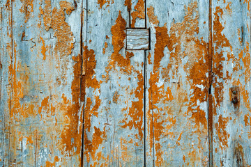Close-up of old wooden boards with cracked paint, light gray and orange colors, weathered and textured background
