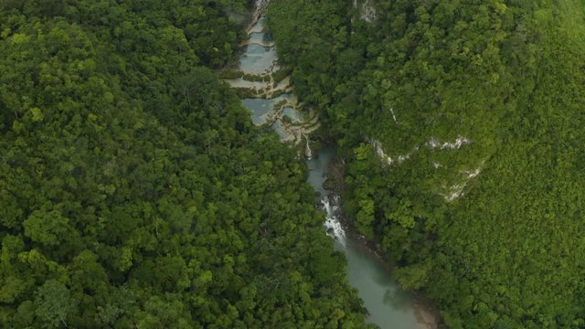 Early morning Aerial view of Semuc Champey river and Pools, Guatemala.