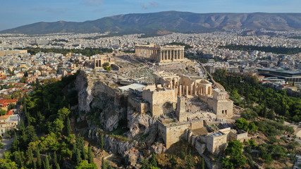 Fototapeta na wymiar Aerial drone photo of iconic Acropolis hill, Propylaia main gate and the Parthenon, Athens historic centre, Attica, Greece