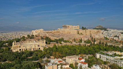 Obraz premium Aerial drone photo of iconic Acropolis hill featuring masterpiece theatre of Herodes Atticus and the Parthenon, Athens historic centre, Attica, Greece