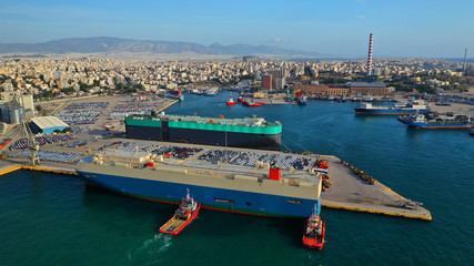Aerial drone photo of industrial seaside zone of Keratsini near commercial port of Piraeus, Attica,...