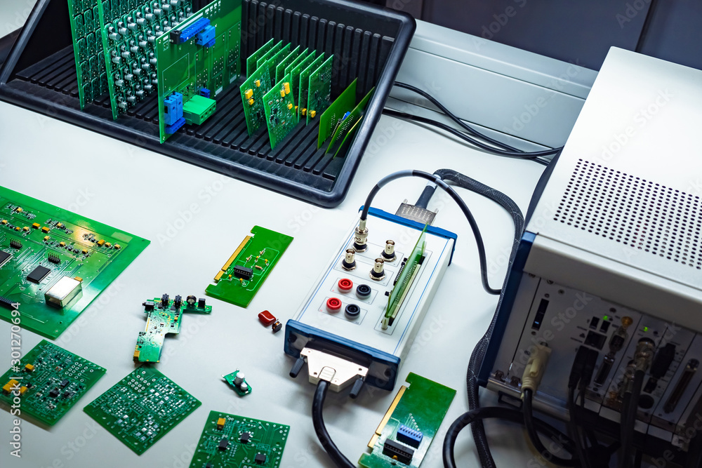 Poster testing of electronic components. electrotechnical laboratory. quality control of printed circuit bo