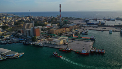 Aerial drone photo of industrial seaside zone of Keratsini near commercial port of Piraeus, Attica, Greece