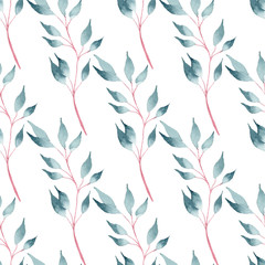 Twigs with leaves hand drawn watercolor raster seamless pattern