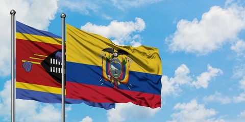 Swaziland and Ecuador flag waving in the wind against white cloudy blue sky together. Diplomacy concept, international relations.