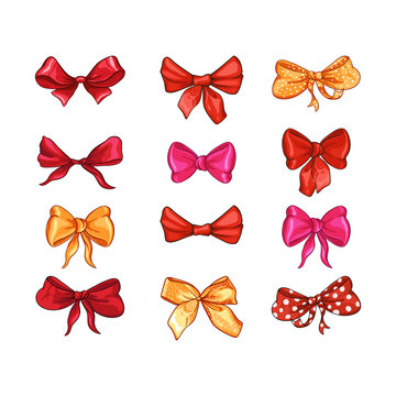 Bow for hair decor flat vector illustrations set. Red, pink, yellow ribbons isolated on white background. Polka dot bowknot, trendy girls accessories. Cute vintage hairstyle elements collection