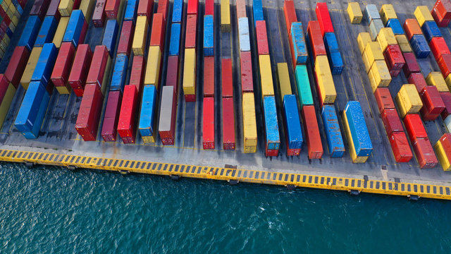Aerial drone top down photo of industrial cargo container Terminal in popular Mediterranean destination