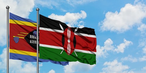 Swaziland and Kenya flag waving in the wind against white cloudy blue sky together. Diplomacy concept, international relations.