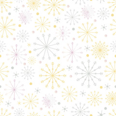 Seamless pattern cold Winter in Christmas Day with Cute cartoon snowflakes in different size in silver,yellow and pink gold on white background, Vector seamless for wrapping paper or fabric