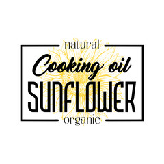 Sunflower oil vector hand drawn logo template. Yellow flower sketch in black rectangle frame illustration. Bio handmade product packaging label design. Organic cooking oil logotype layout