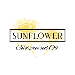 Cold pressed sunflower oil vector hand drawn logo template. Yellow flower sketch in black frame illustration. Bio handmade product packaging label design. Organic cooking oil logotype layout