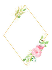 Diamond shaped frame with flowers and leaves watercolor raster illustration