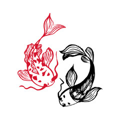 Two Japanese Carp Koi Fishes Isolated on White Background. Couple of Fishes in Asian Traditional Style. Logo Design for Sushi Restaurant Menu. Yin Yang Theme