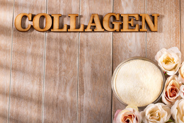 Collagen protein powder - Hydrolyzed. Collagen word in wooden letters