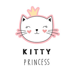 Cute kitty princess, girlish print for t-shirt. Isolated illustration on a white background.