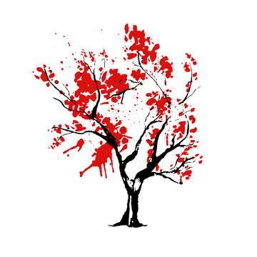 Tree in Japanese style hand drawn vector illustration. Nature creative oriental ink drawing. Botanical design element isolated on white. Stylized Asian sakura with red paint splashes blossom