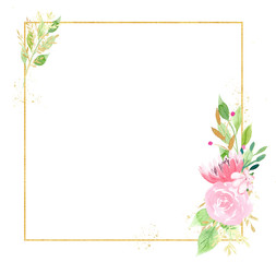 Beautiful pink flowers and leaves watercolor hand drawn raster frame
