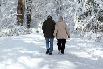 elderly couple, man and woman, walk by the hand in a beautiful winter park among the snowy trees