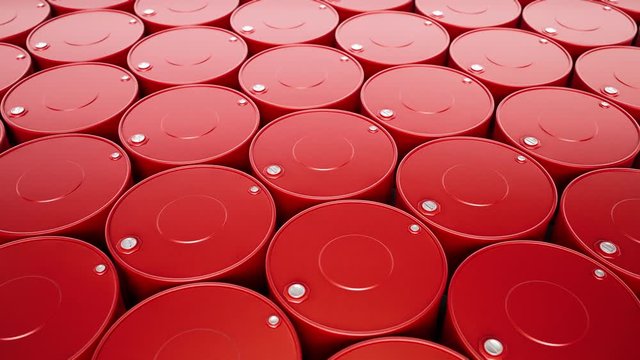 Closeup of stacked red fuel barrels. Endless stack of steel drums for flammable liquids. Camera move above gasoline cans, top of petrol drums with filler necks. Seamless loop 60 fps animation.