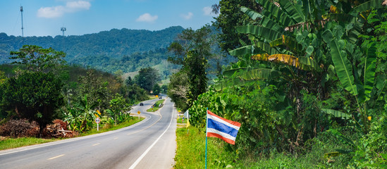 Asphalt road with Thai flags in a row, tropical forest and mountains near Khao Sok National Park, Thailand. It is the main tourist route to the Andaman sea - Phuket Island and Khao Lak.