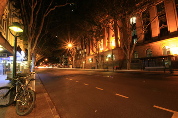 Street in Brisbane inner city at night with lights