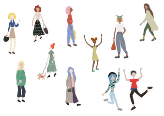 Crowd of people walking with dog, standing, dancing, running, shopping. Male and female characters isolated on white. Outdoor activities on city street. Vector illustration in flat cartoon style