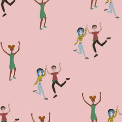 Young happy male and female dancing. Seamless pattern. Smiling dancers people isolated on white background. Men and women dance like on party. Drawing in cartoon flat style. Color vector illustration