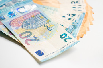 Euro bill money note pile bundle on white background