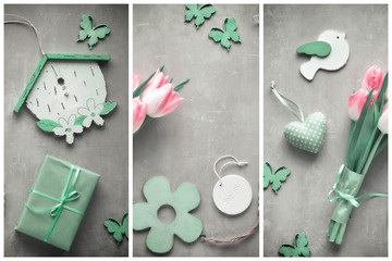 Flat lay on stone surface with pink tulips, wrapped gift box and spring decorations - bird, butterflies, birdhouse and flower. Springtime collage background in green, pink and grey colors.