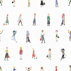 Crowd of people walking with dog, standing, dancing, shopping on city street. Female characters isolated on white checked  background. Vector illustration in flat cartoon style. Seamless pattern