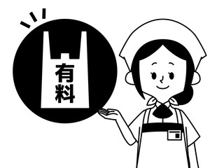 レジ袋有料-スーパーの店員-白黒