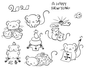 手描き　ネズミ　イラスト　７ポーズ　セット　年賀状　素材　子年　かわいい　正月