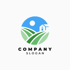 Countryside house with sunshine illustration for logo template design.